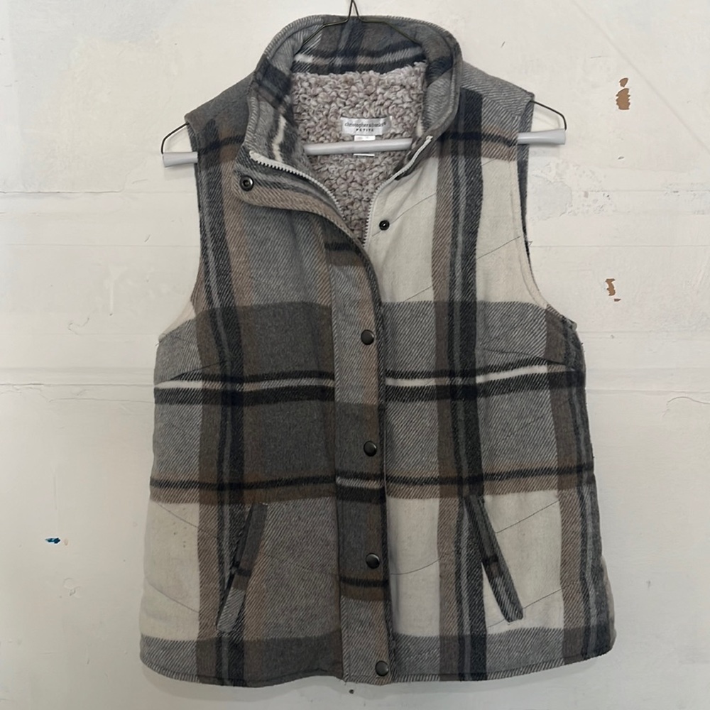 Plaid Sherpa-Lined Womens Vest - Gray/Tan